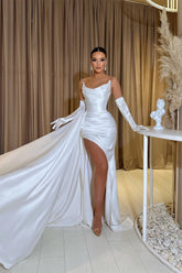 Gorgeous White Strapless Mermaid Prom Dress with Pleats & Split Ruffles